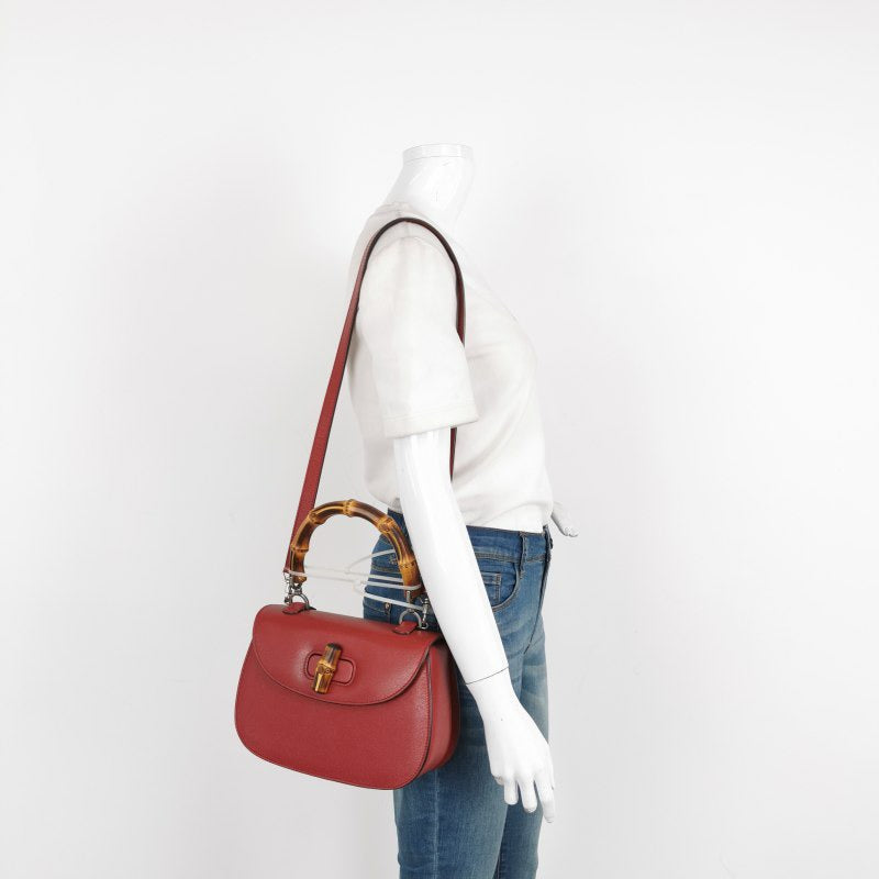 Gucci Bamboo Burgundy Strap Leather Red Small Top Handle Travel Bag