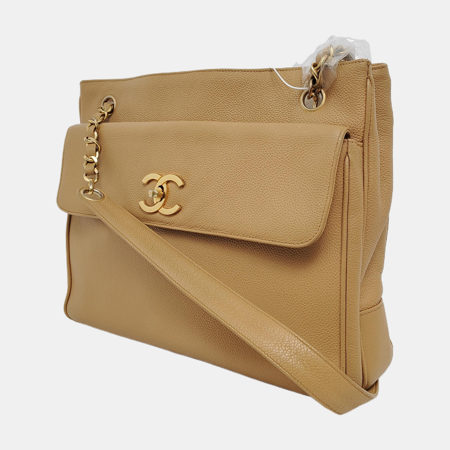 Chanel Front Pocket Caviar Double Gold Beige Leather Tote Bag