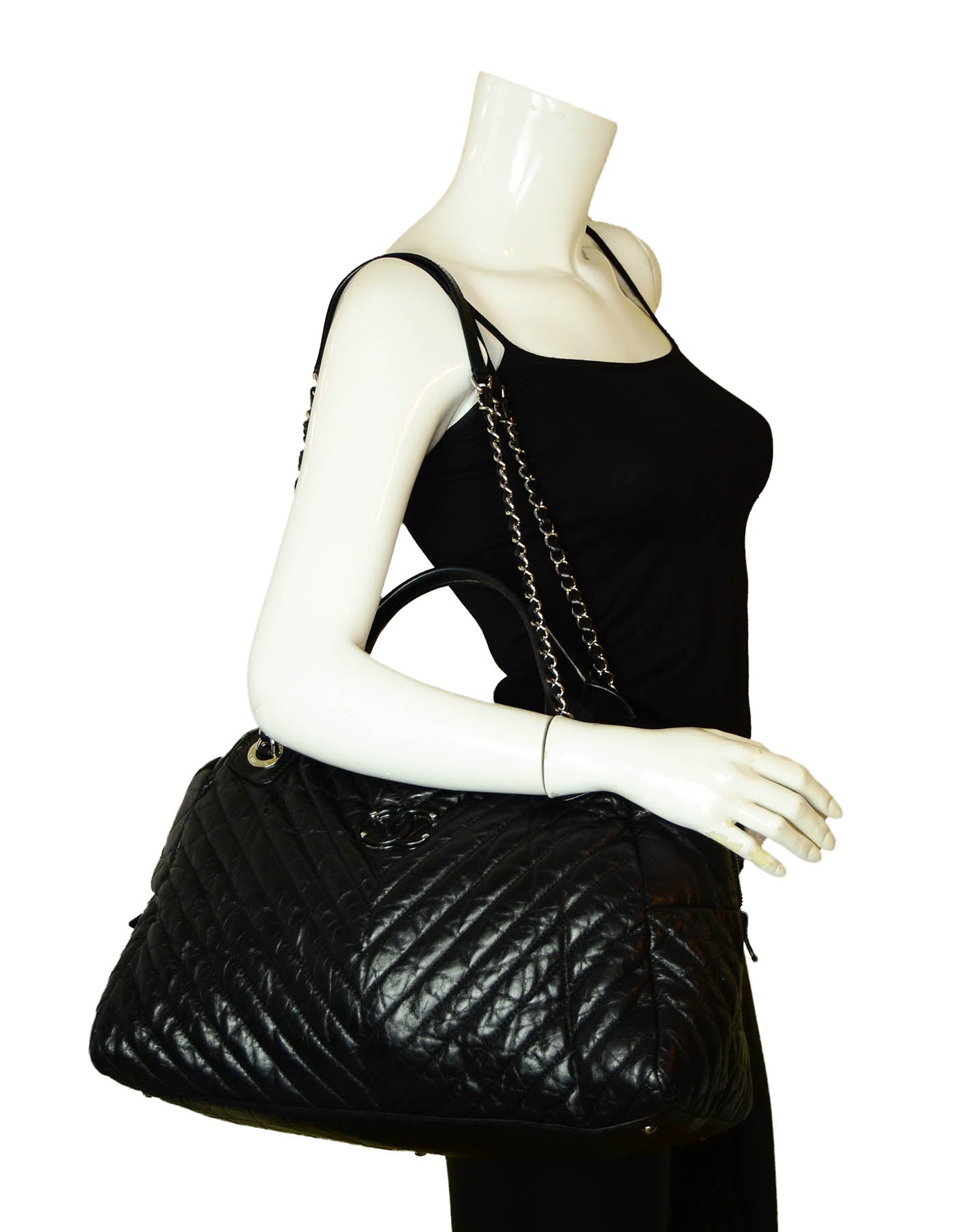 Chanel Black Aged Calfskin Leather Chevron Large Soft Bowling Bag