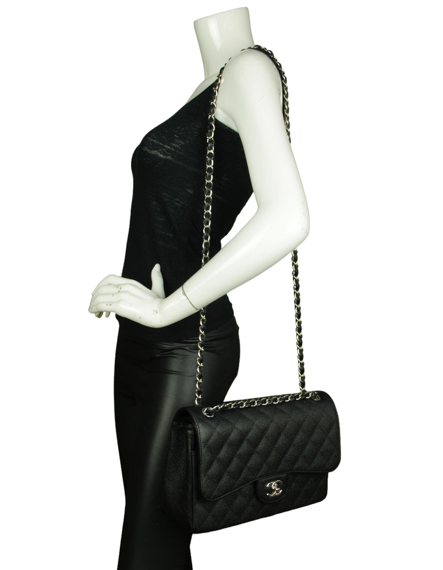 Chanel Black Caviar Leather Double Flap Jumbo Women Shoes