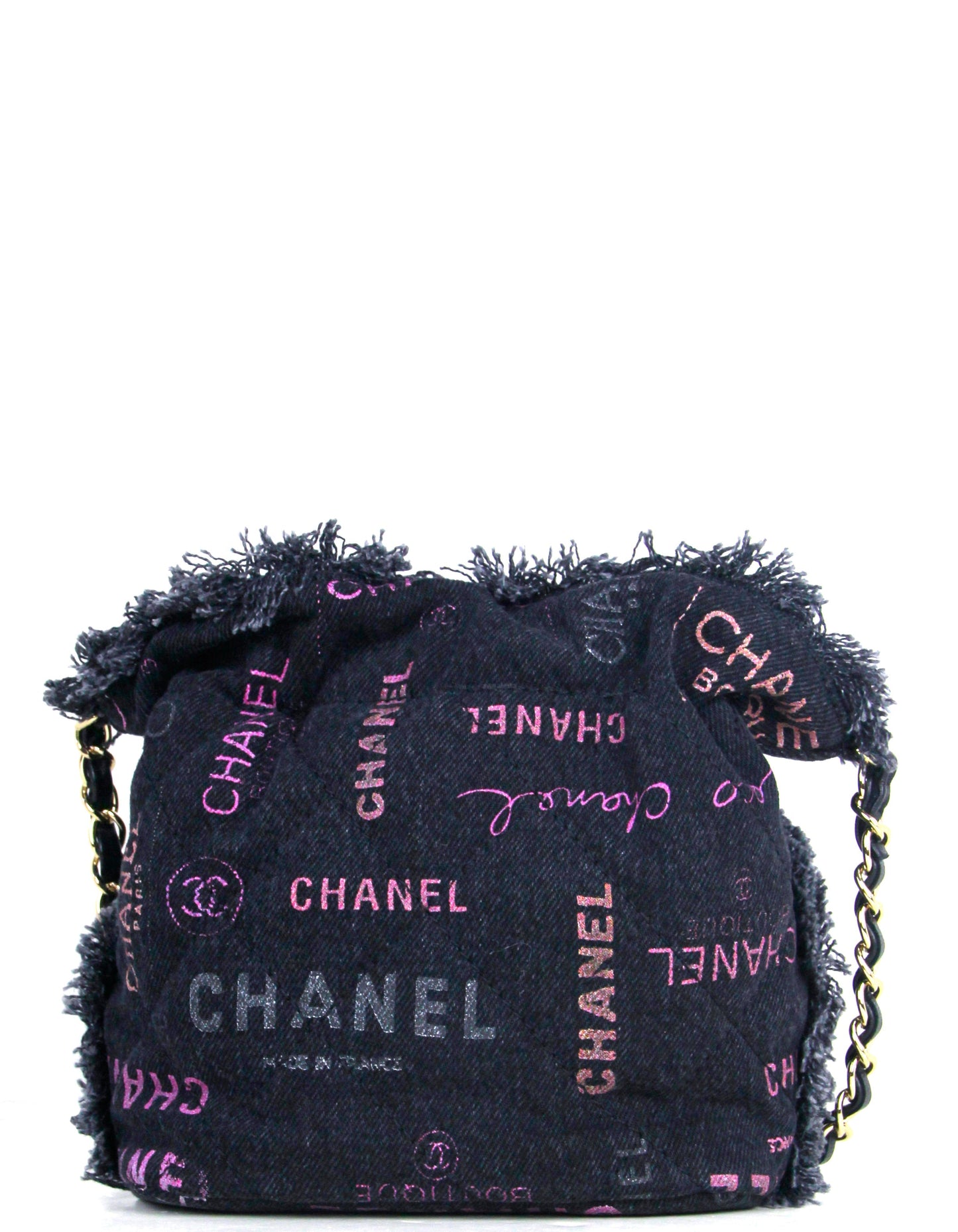 Chanel Black Denim Logo Quilted Mood Mini Bucket Crossbody Bag