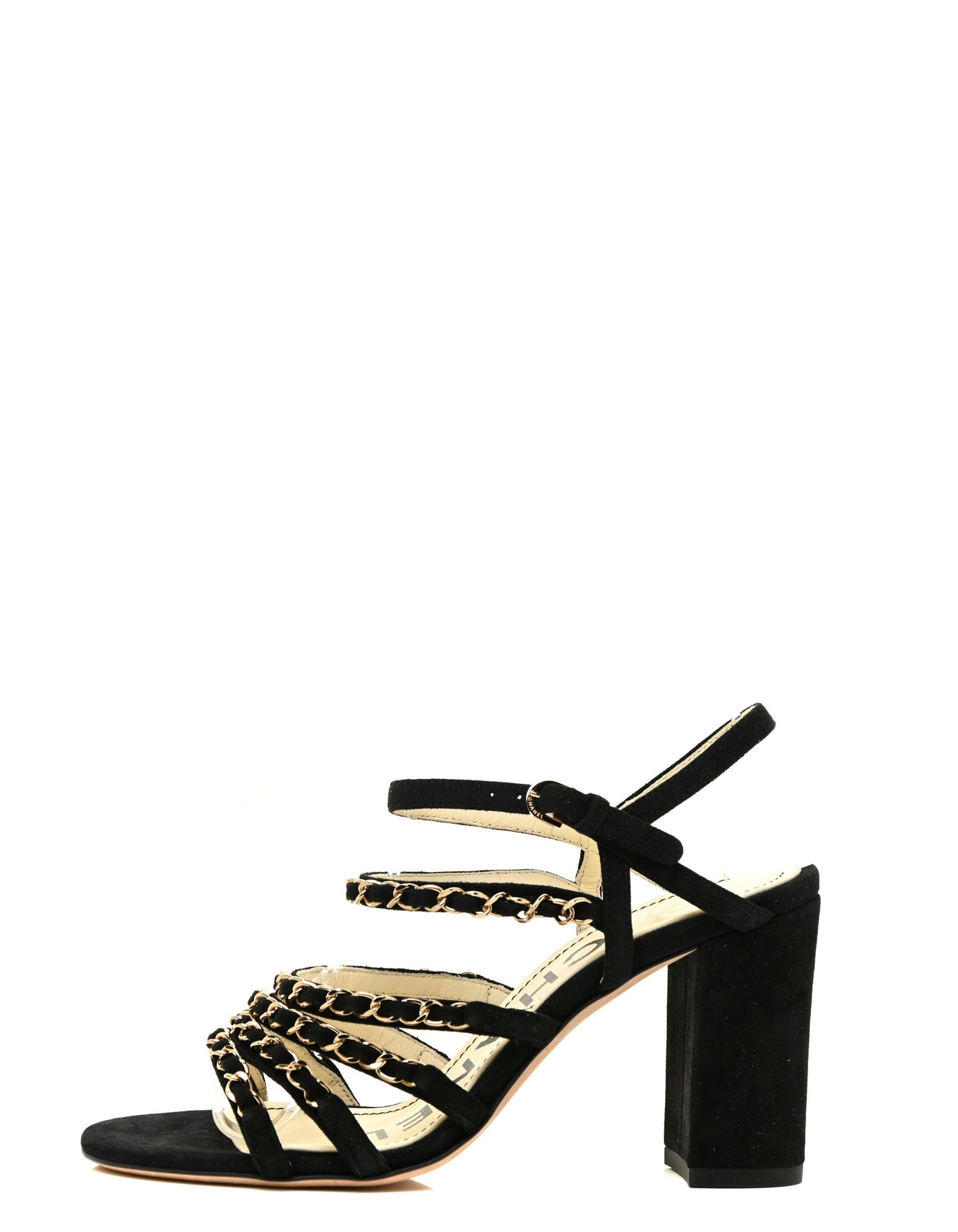 Chanel Black Kid Suede Chain Sandals Sz 38.5