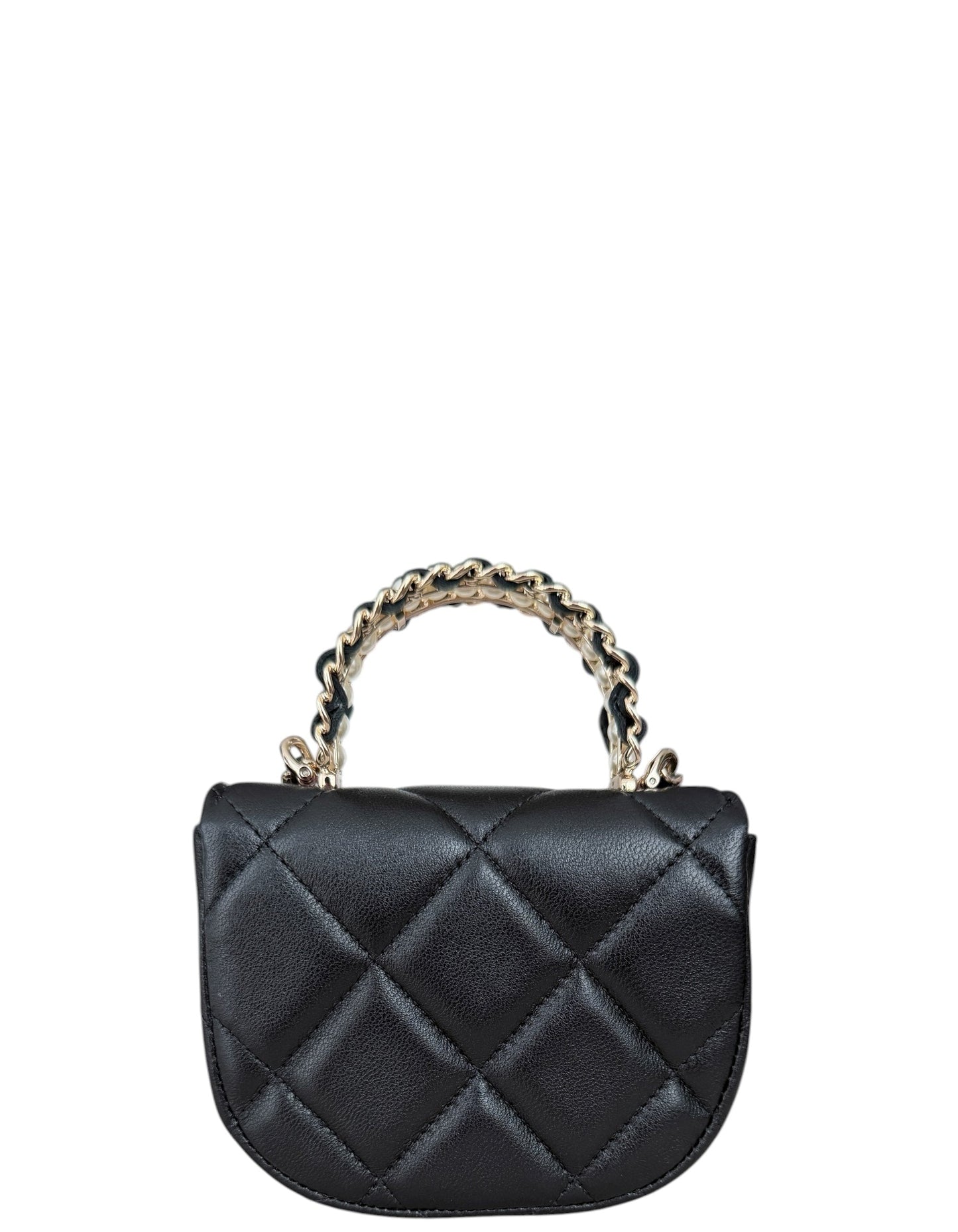 Chanel Black Lambskin Quilted Pearl Top Handle Micro Bag