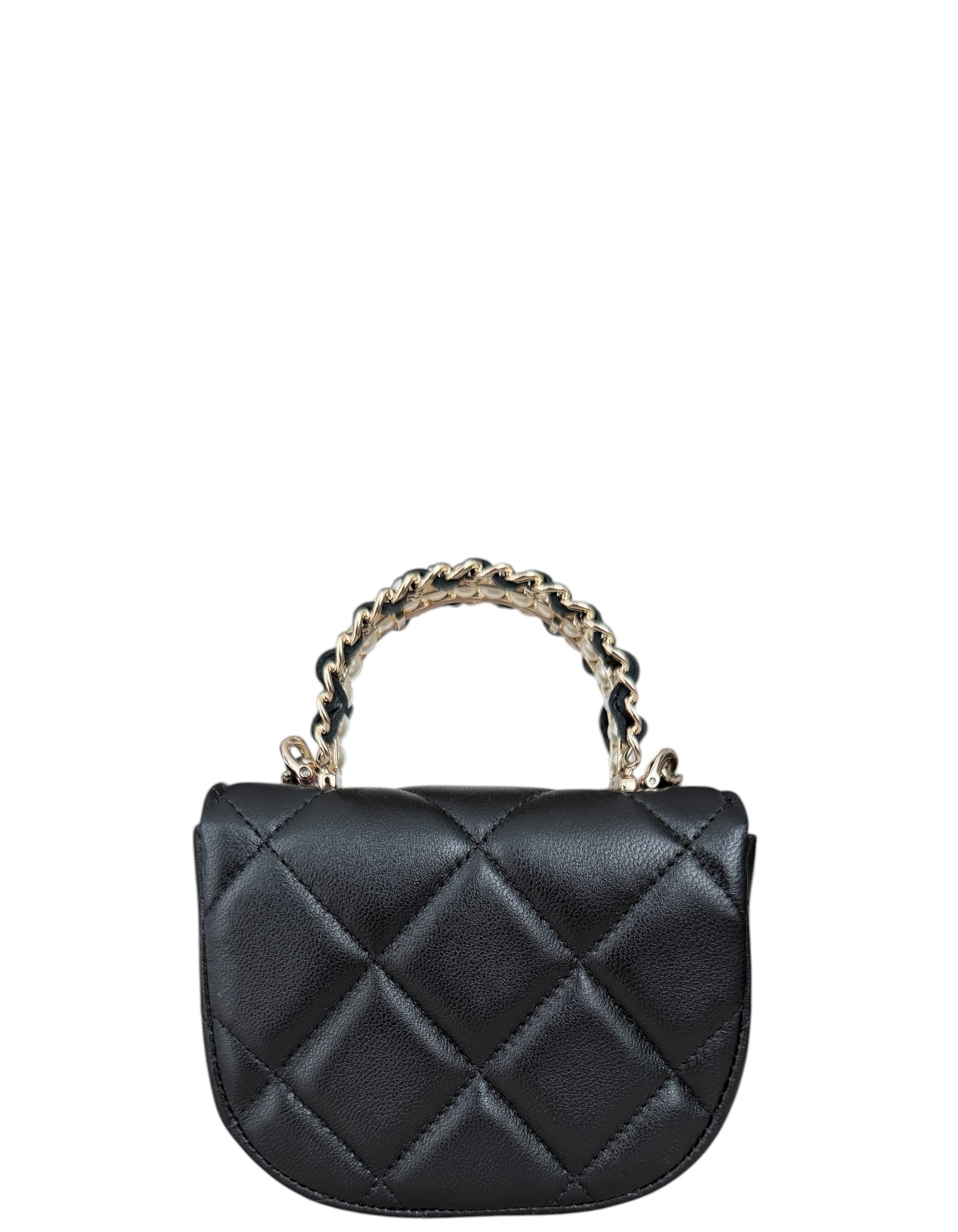 Chanel Black Lambskin Quilted Pearl Top Handle Micro Bag