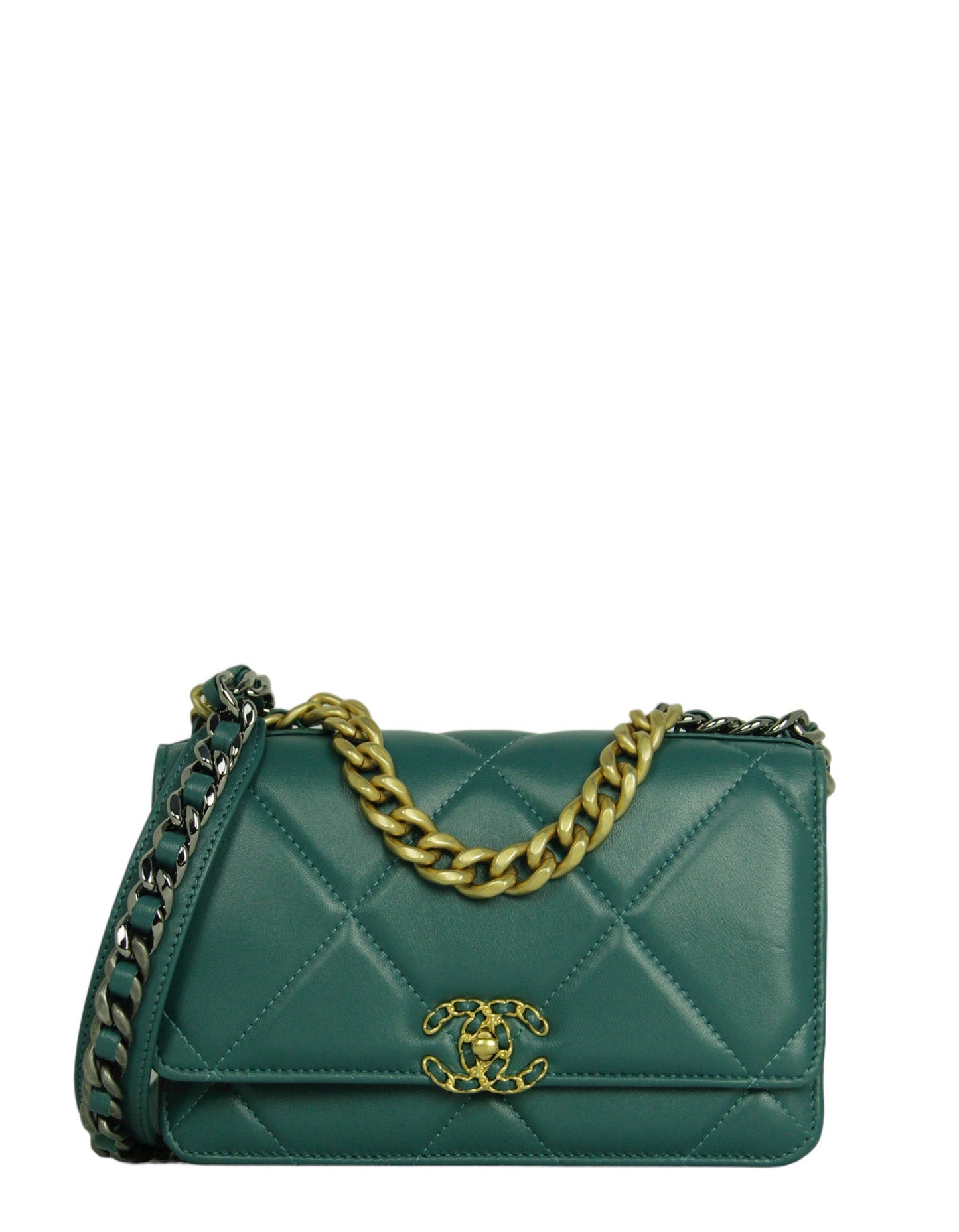 Chanel Blue Green Lambskin Quilted 19 Wallet on Chain WOC Women