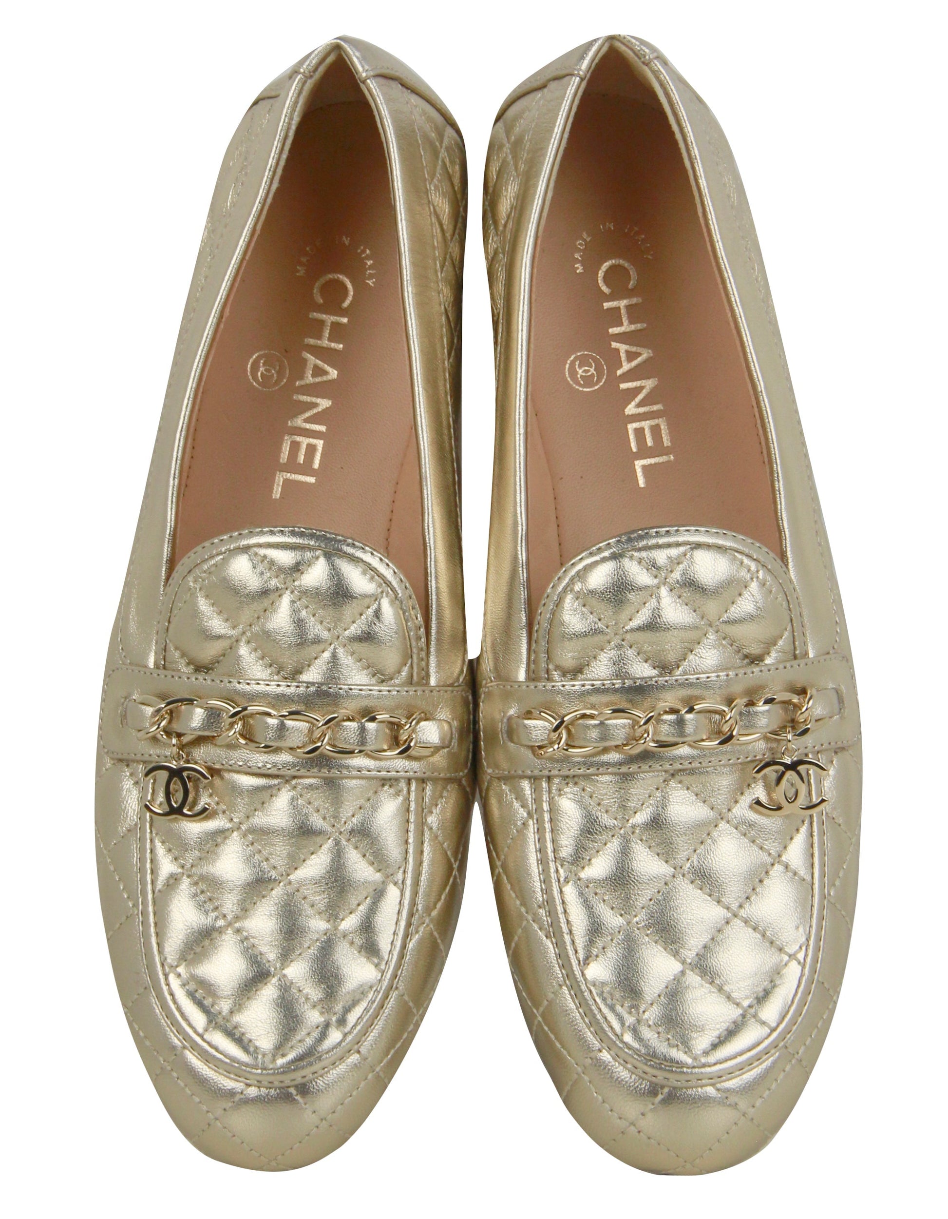 Chanel Gold Lambskin Quilted Chain CC Loafers Sz 39C for Women