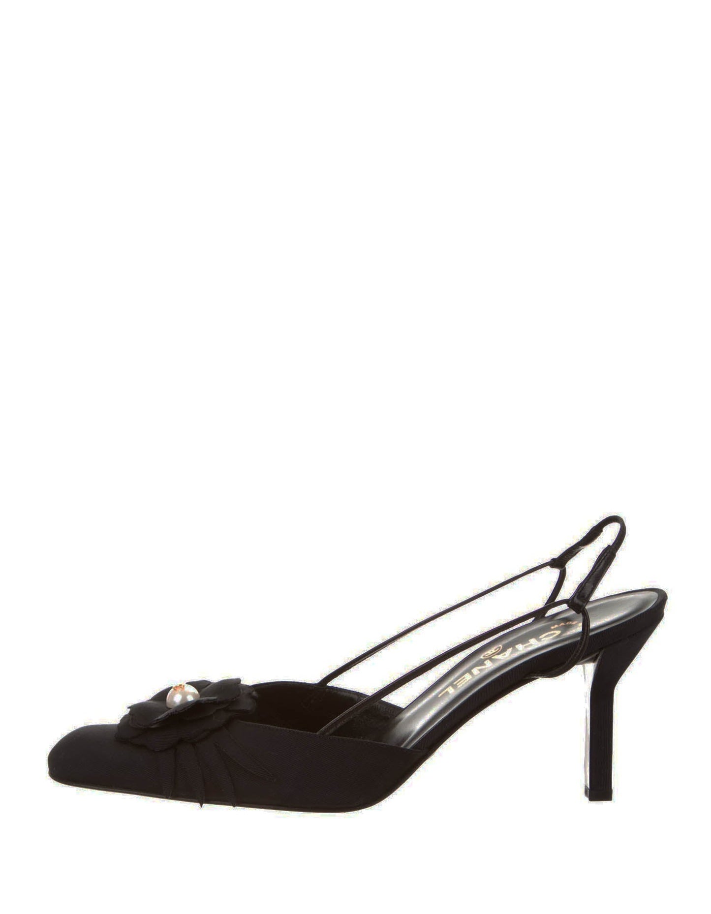 Chanel Black Grosgain Slingbacks with CC Pearl Camellia Sz 37.5 Women Shoes