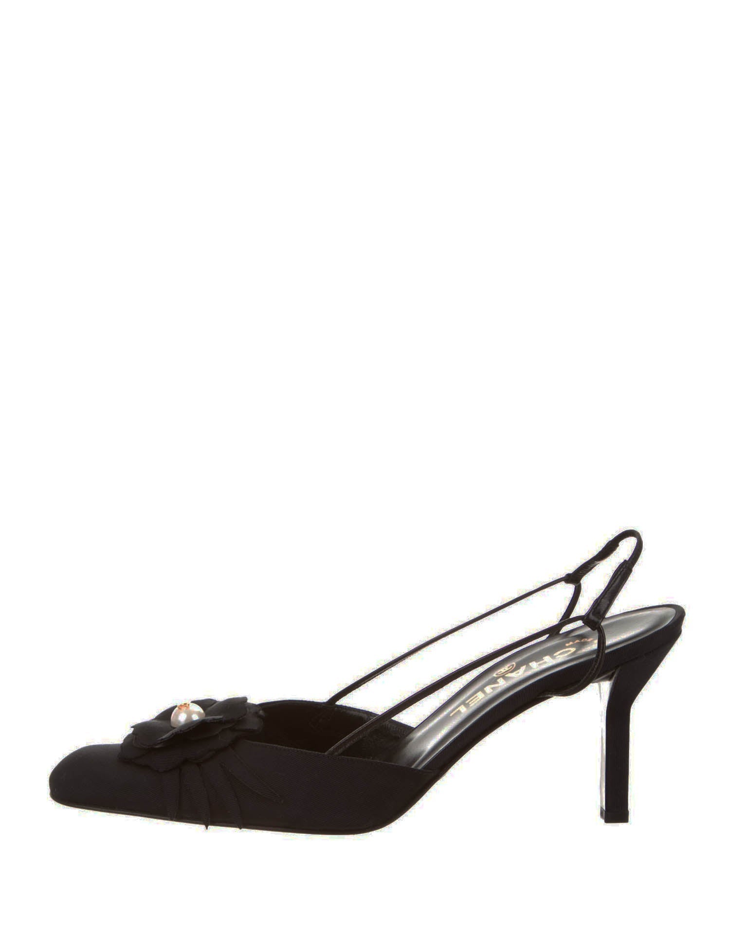 Chanel Black Grosgain Slingbacks with CC Pearl Camellia Sz 37.5 Women Shoes