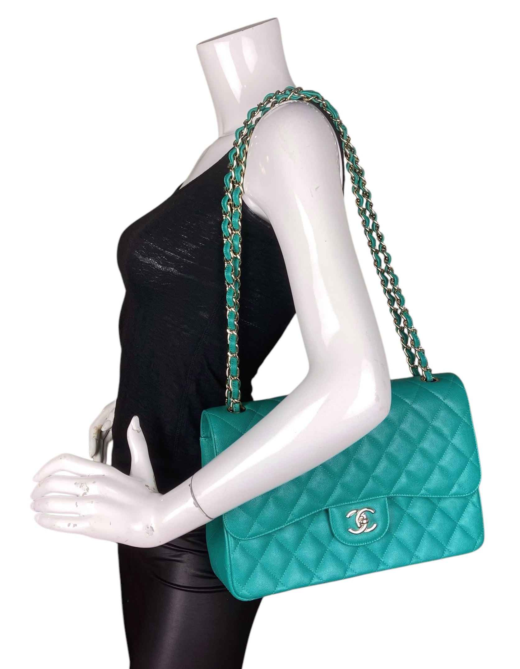 Chanel Turquoise Caviar Quilted Double Flap Jumbo Women Shoes