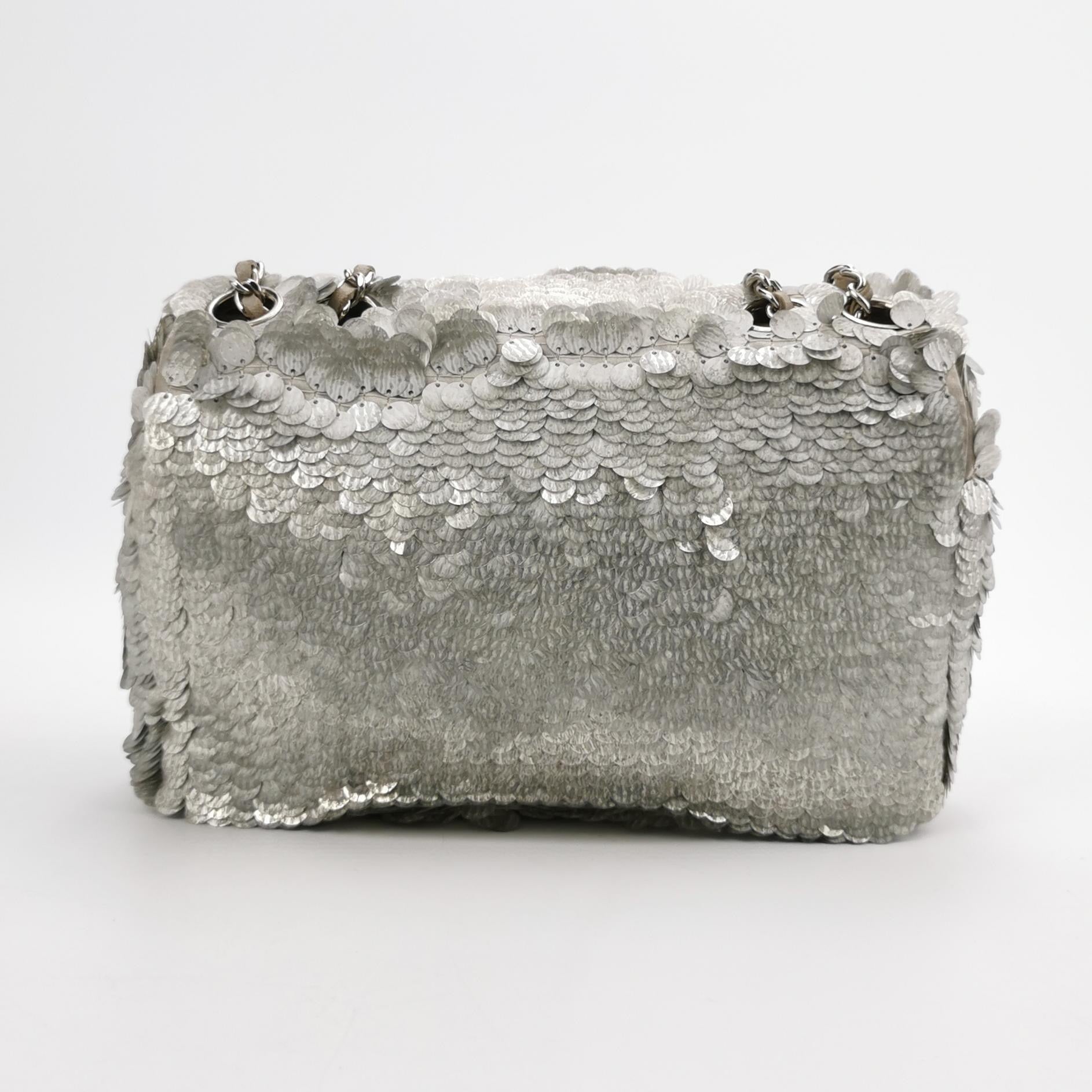 Chanel Paillette Flap Rectangular Glitter Sequins Silver Shoulder Bag