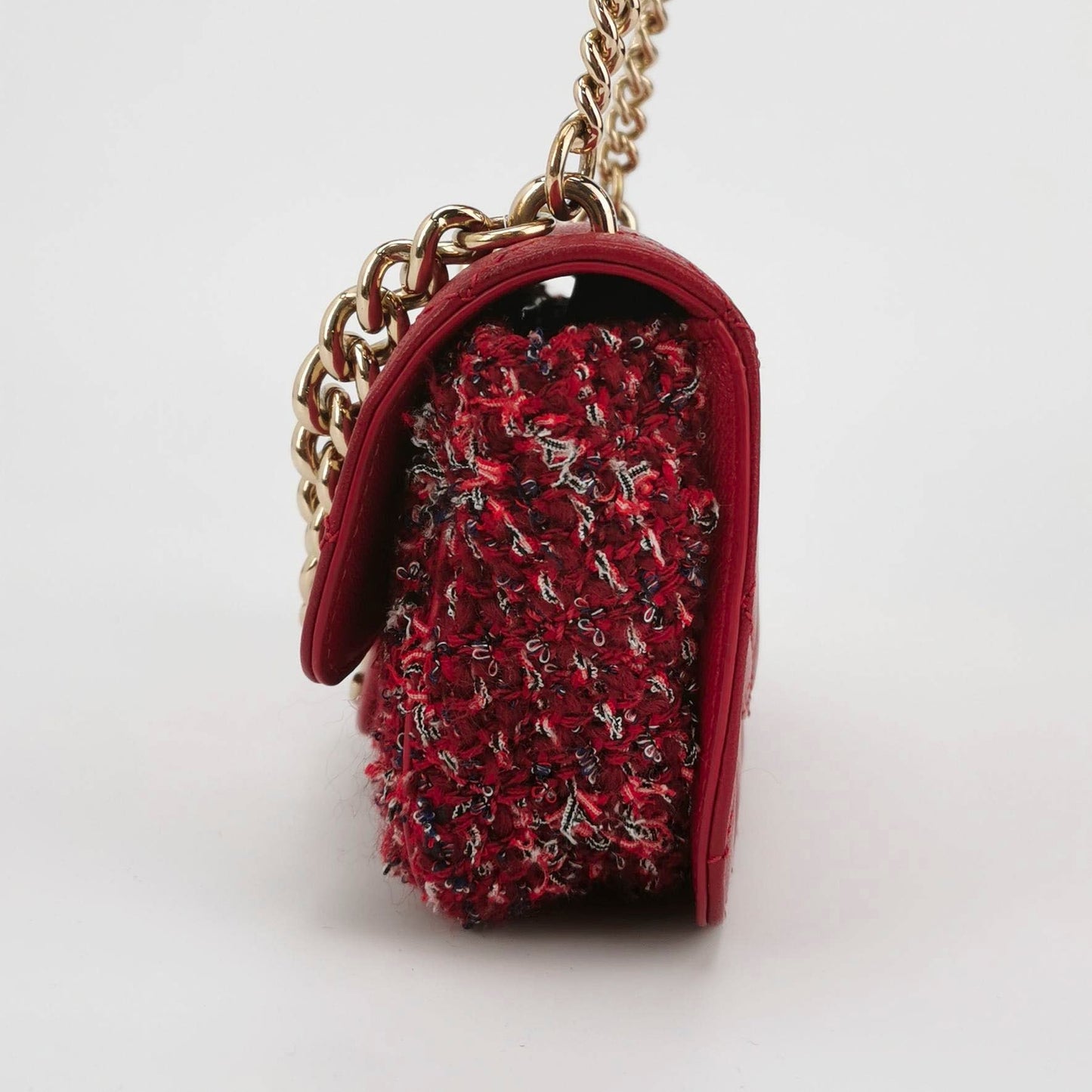Chanel CC Matelasse Tweed Flap Hardware Red Gold Leather Mini Bag