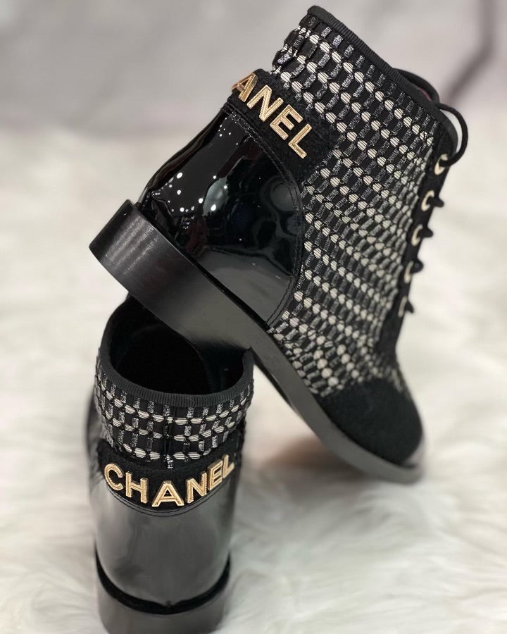 CHANEL TWEED & PATENT LEATHER COMBAT BOOTS