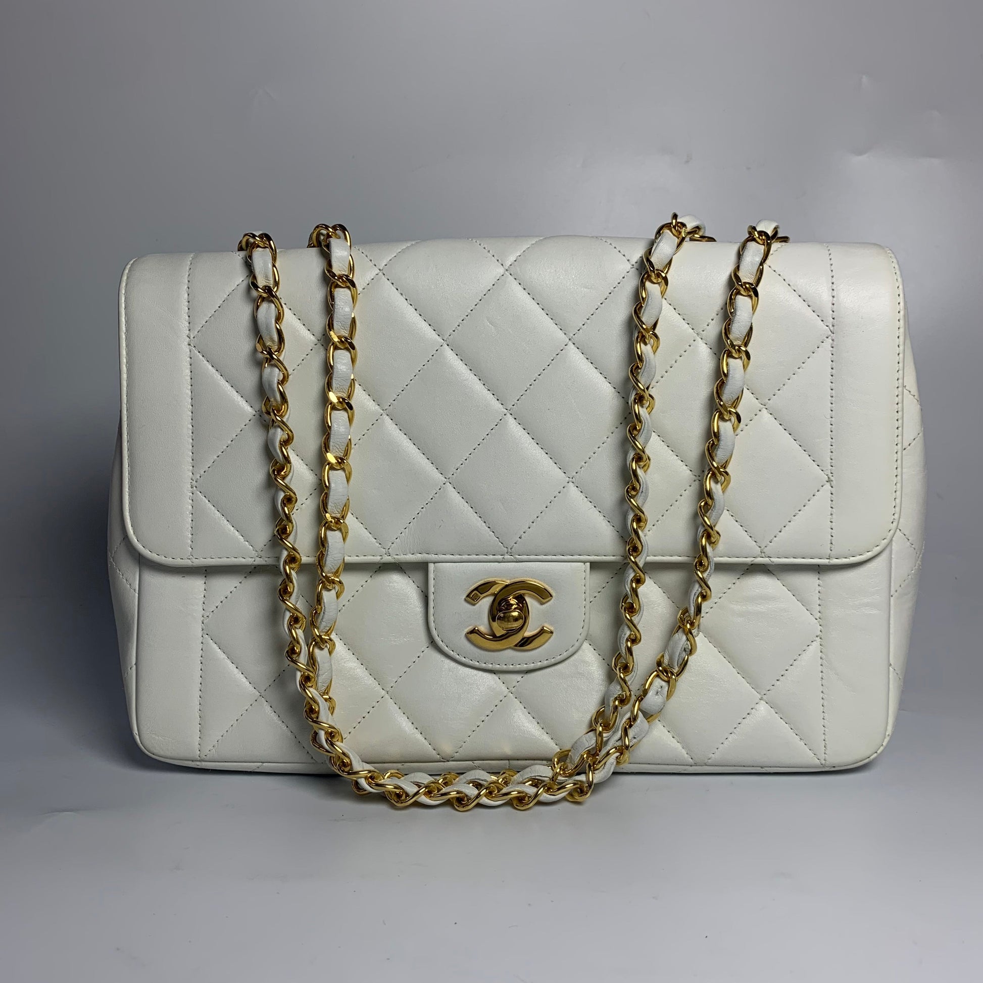 Chanel Classic Flap 24k Plated Giant CC White Gold Leather Handbag
