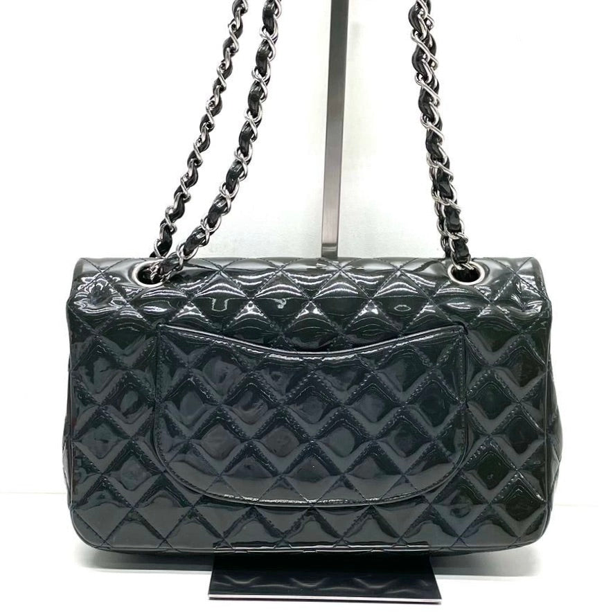Chanel Classic Flap Dark Patent Hardware Green Silver Leather Handbag
