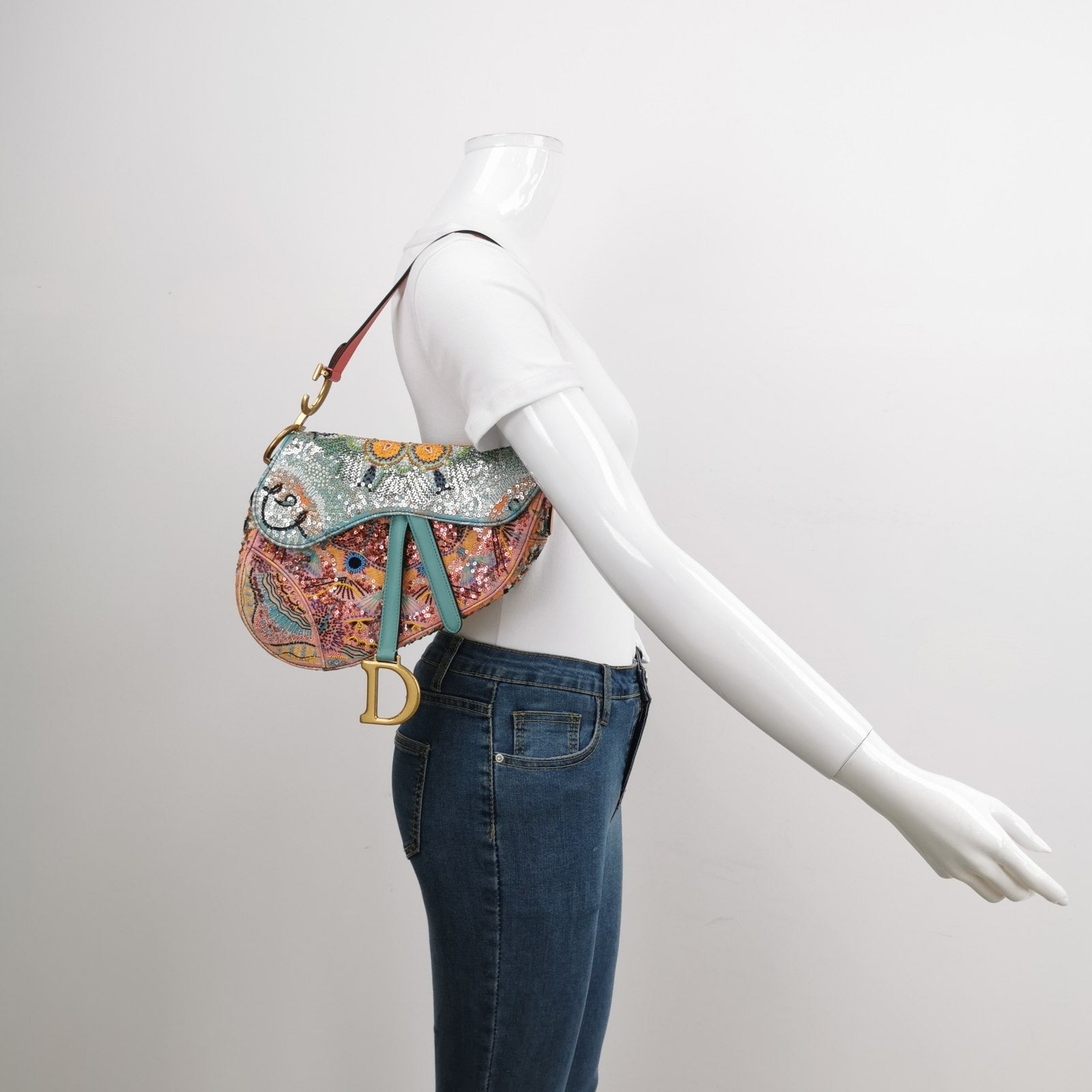 Dior Christian Saddle Multicolor Beads And Calfskin Shoulder Leather Medium Shoulder Bag