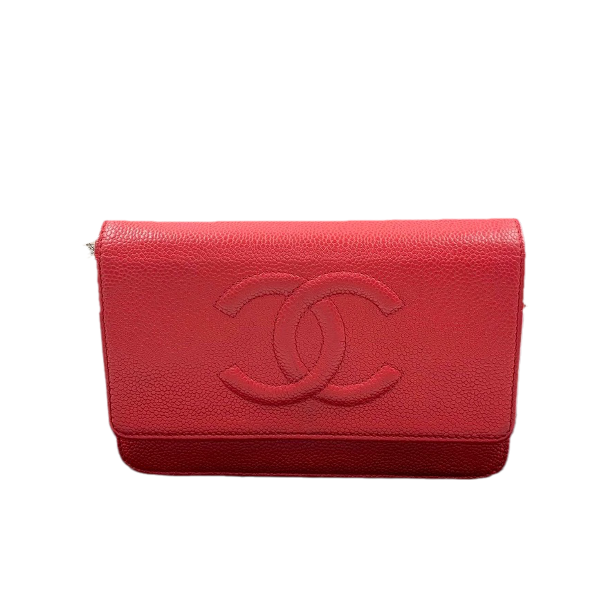 Chanel on WOC Double CC Caviar Red Leather Wallet Case