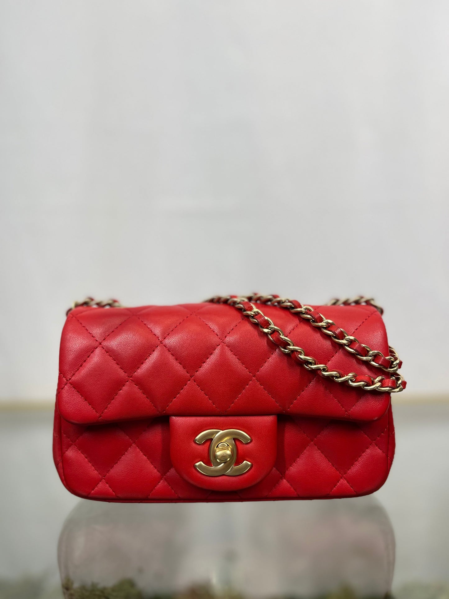Chanel Red Lambskin Mini Rectangle Shoulder Bag