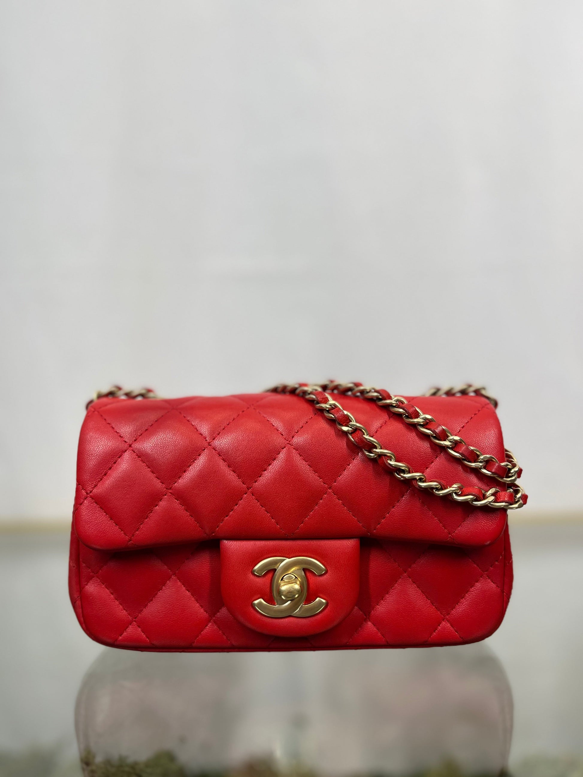 Chanel Red Lambskin Mini Rectangle Shoulder Bag