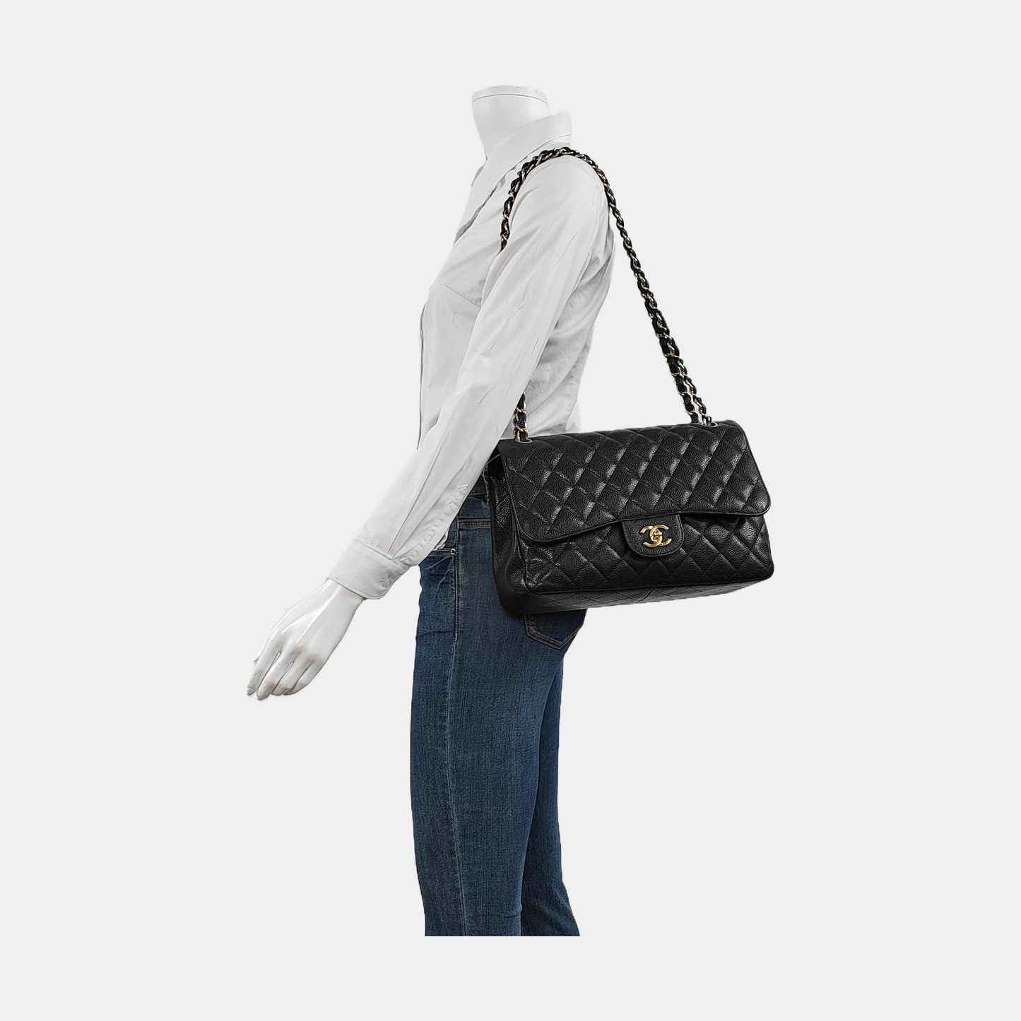 Chanel Classic Flap Jumbo Caviar Double Flap Black Gold Leather Handbag Hardware 3
