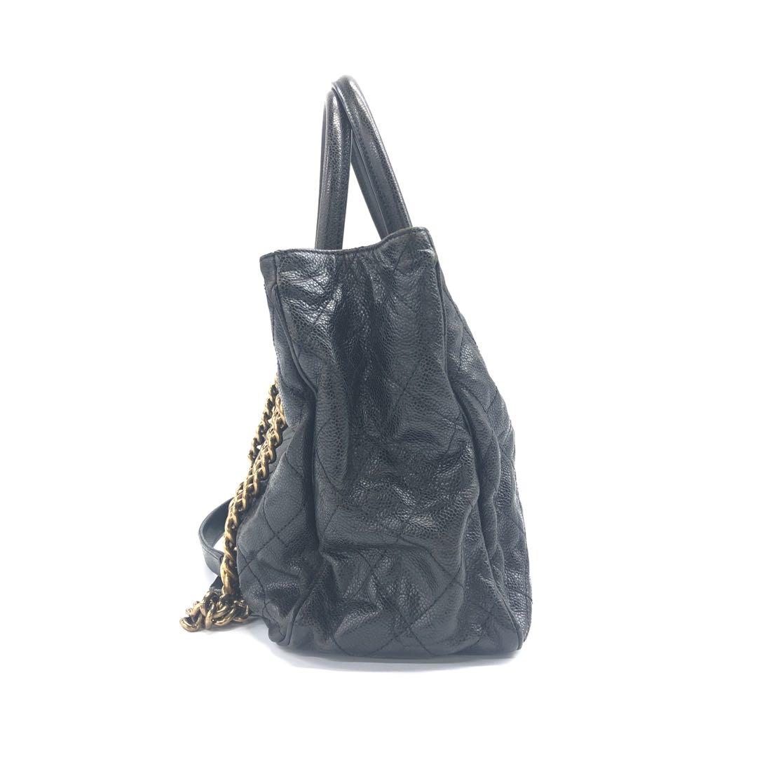 Chanel Shiva Quilted Shiny Caviar Hardware Black Gold Leather Tote Bag