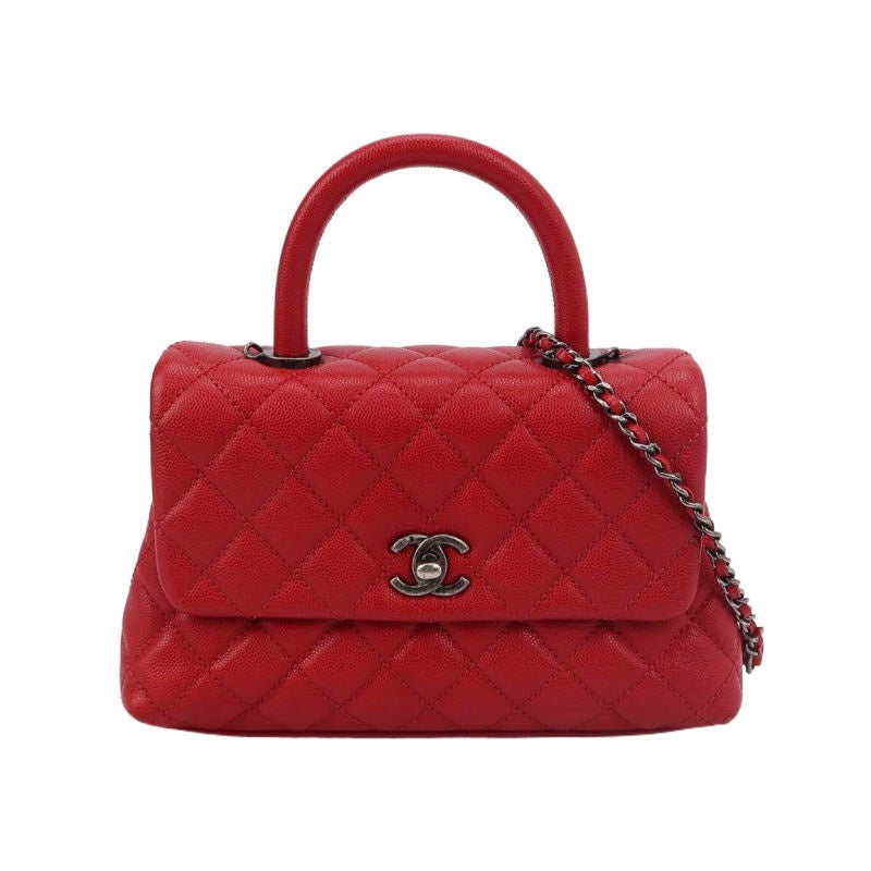 Chanel Coco Handle Caviar Hardware Red Silver Small Leather Handbag