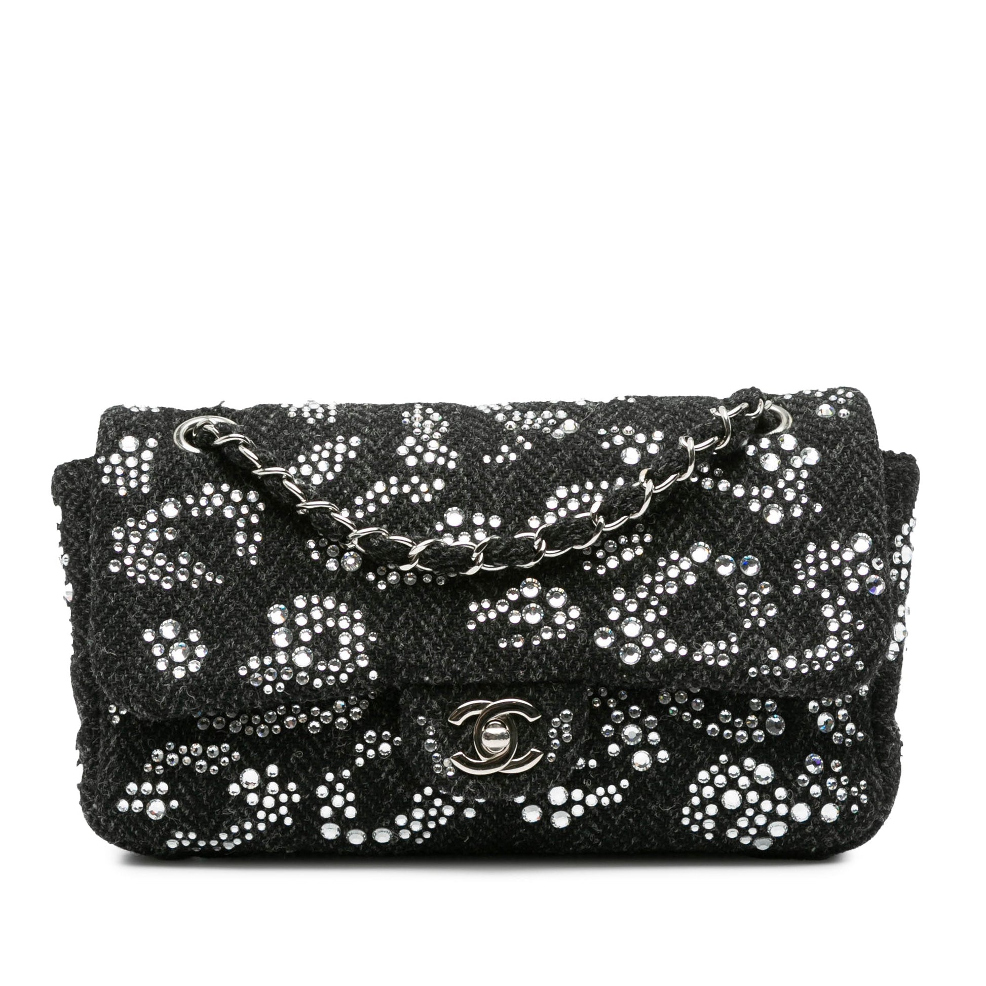Black Chanel Medium Strass Embellished Tweed Single Flap Shoulder Bag