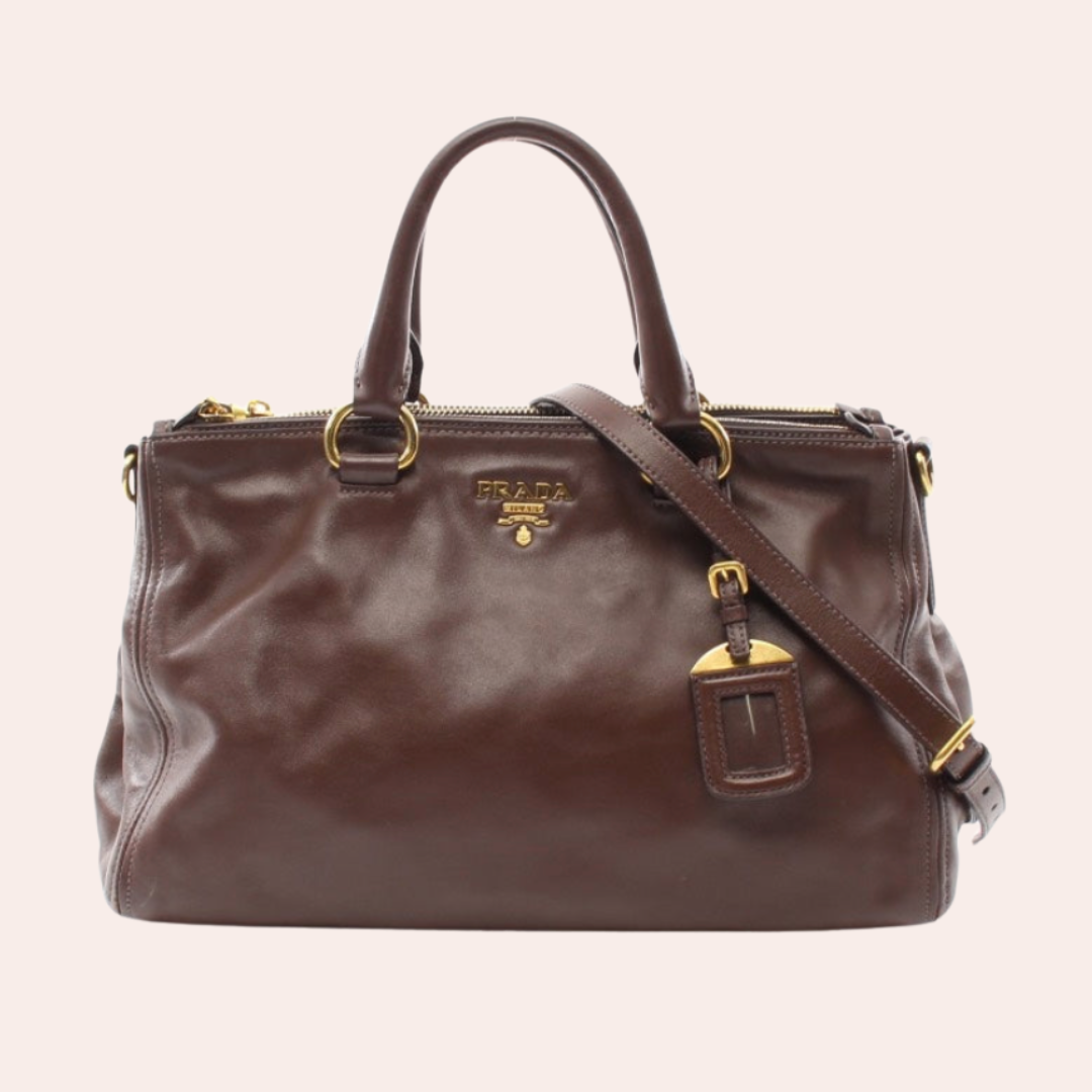 Prada Soft Calf Double Tote Bag Leather Brown Zip
