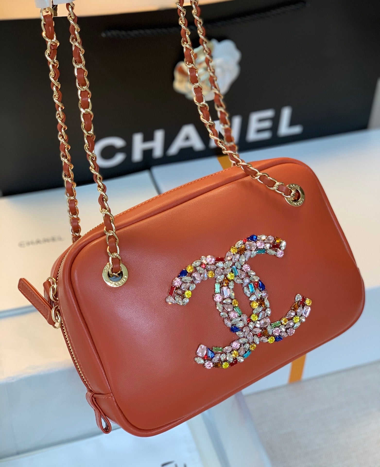CHL Camera Cubic Diamonds 12.5cm Brown Handbag