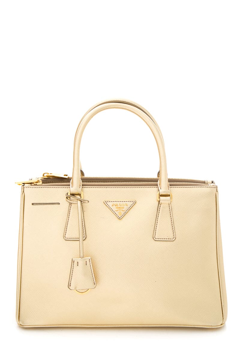 Prada Metallic Double Handbag Leather Saffiano Gold Travel Bag