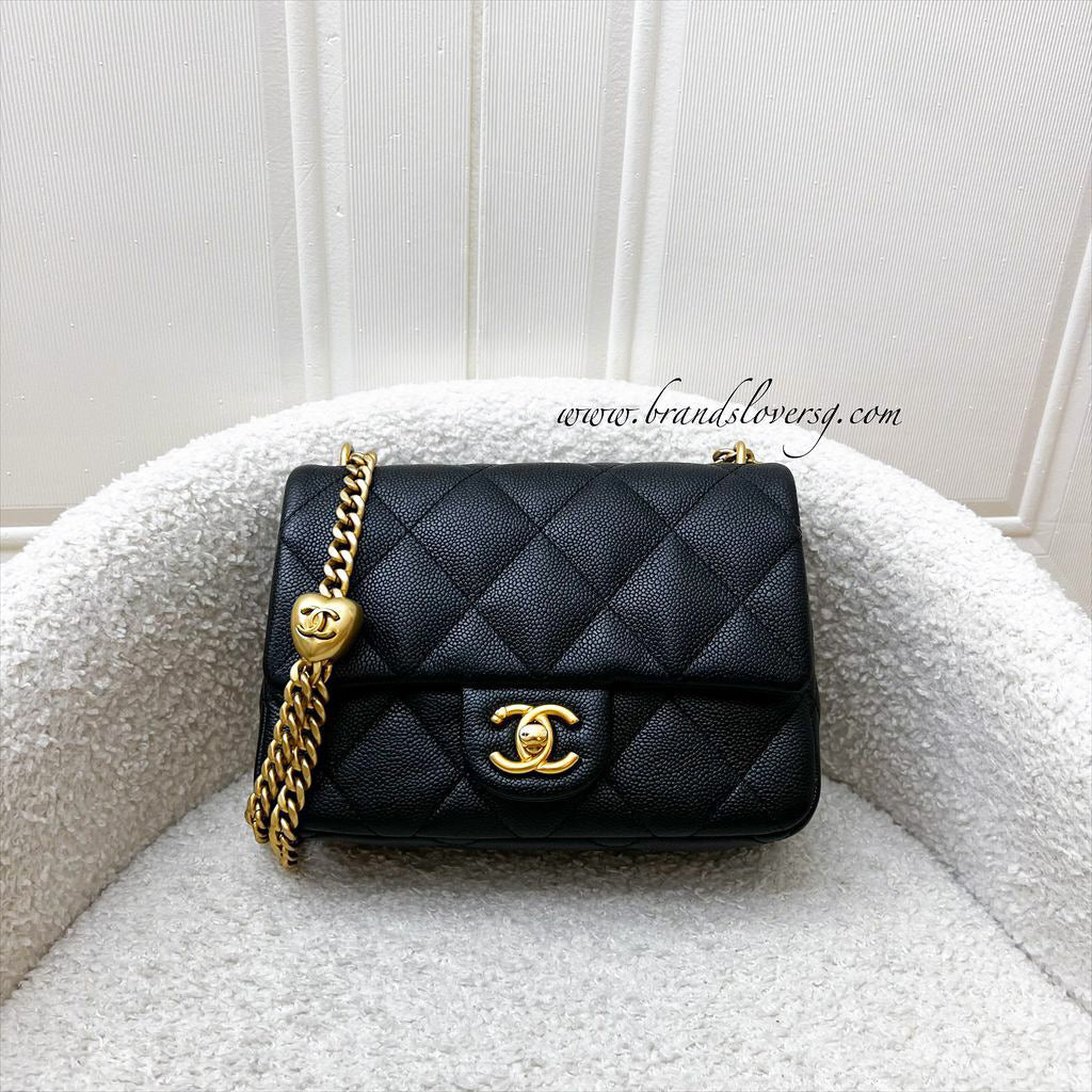 Chanel [Local Set - ] 23P Heart Adjustable Chain Mini Small Flap Bag In Black Caviar And Aghw ( )