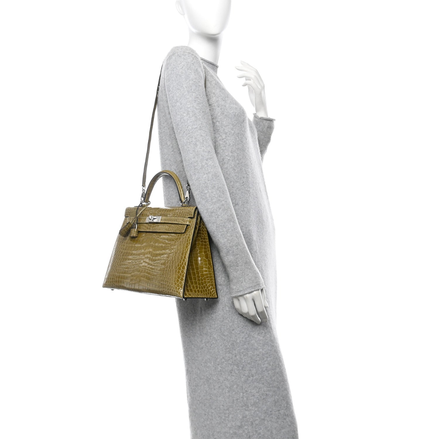 Hermes Shiny Porosus Crocodile Kelly Sellier Vert Anis Handbag Travel Bag