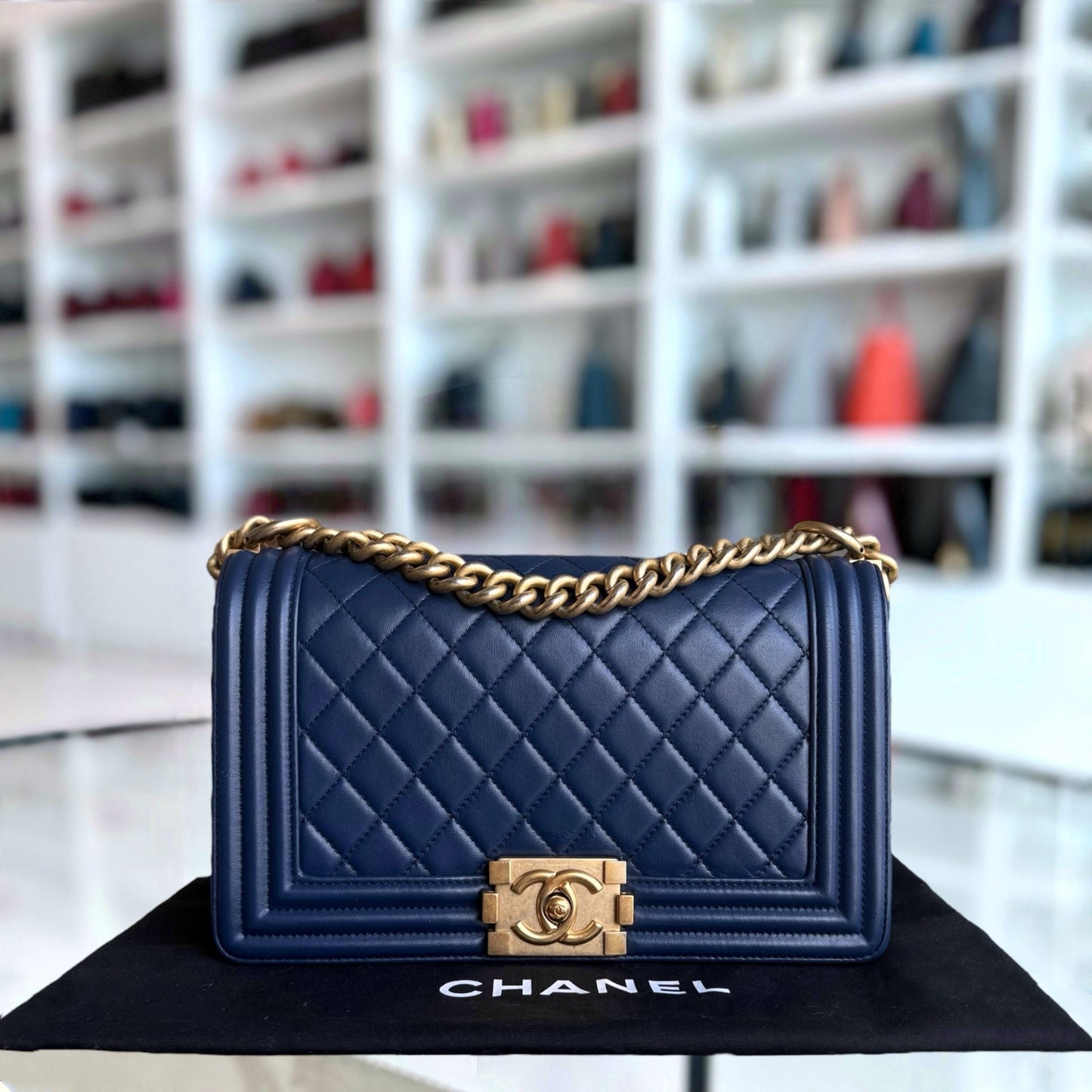 Chanel Boy Medium - 25CM Quilted Lambskin Dark Blue Gold Hardware Series 24