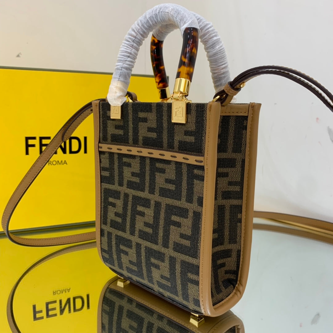 Fendi Top QualityTop Quality Sunshine Shopper Brown Mini FF Tote Bag Bag 13Cm5In
