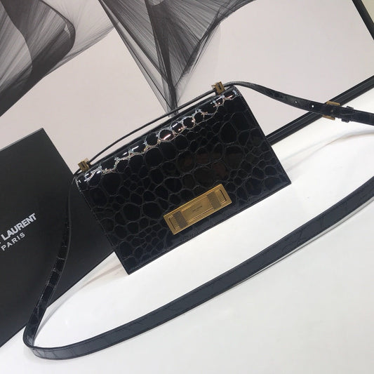 YSL Saint Laurent Cassandra Stone Print 7in 19cm Black Small Crossbody Bag