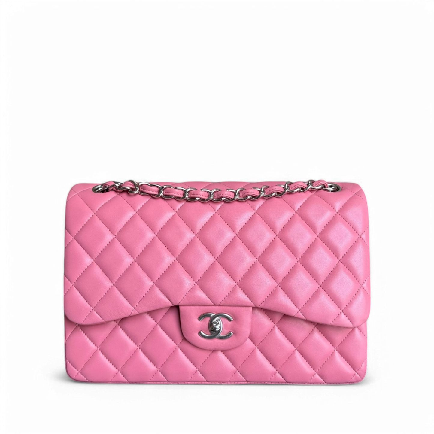 Chanel Classic Flap Jumbo - Double Flap 30CM Quilted Lambskin Pink Silver Hardware Series 18