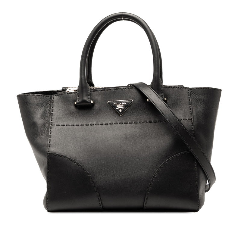 Prada Triangle Plate 2Way Handbag Leather Logo Travel Bag
