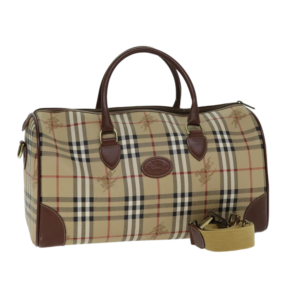 Burberry Luxury ss Nova Check Boston Bag Pvc 2Way Leather Beige Travel Bag