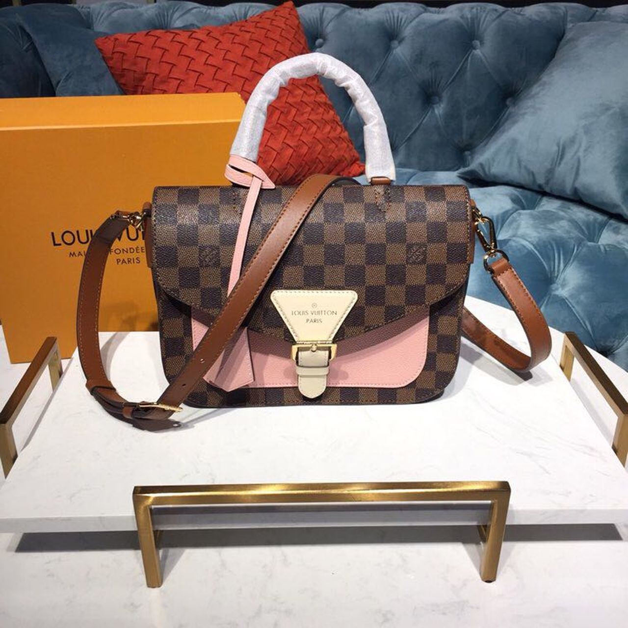 Top Quality Beaumarchais Damier Ebene Venus For Canvas Pink Crossbody Bag