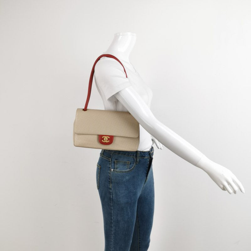 Chanel Classic Flap Bi-color Perforated Red Beige Leather Handbag