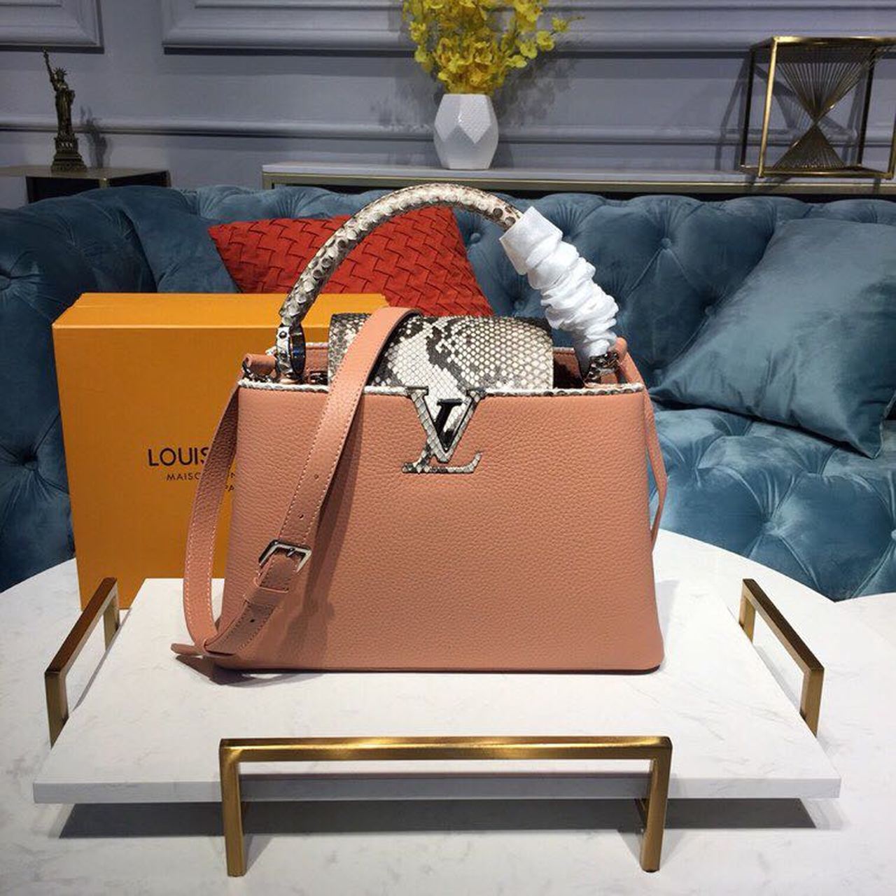 Top Quality Capucines Pm Taurillon And Python Pink Crossbody Bag