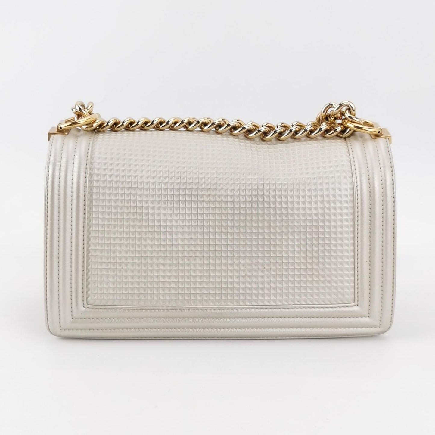 Chanel Le Boy Pearlescent Waffle Lambskin White Red Lock Leather Handbag