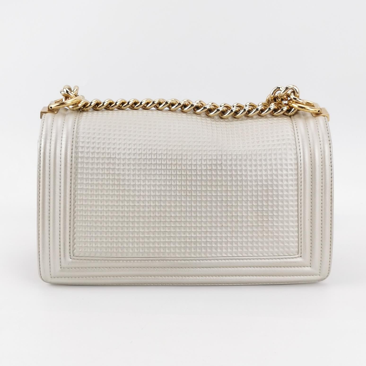 Chanel Le Boy Pearlescent Waffle Lambskin White Red Lock Leather Handbag