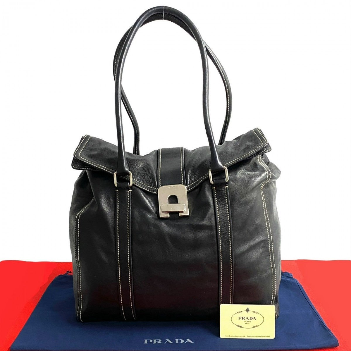 Tote Bag Turn Lock Metal Women Leather Black