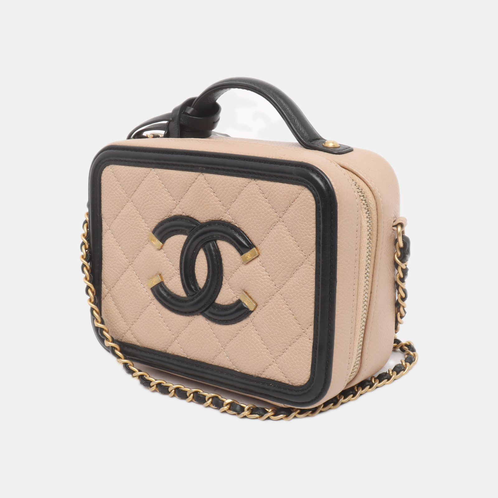 Chanel Filigree Vanity Caviar Trim Black Beige Leather Mini Bag