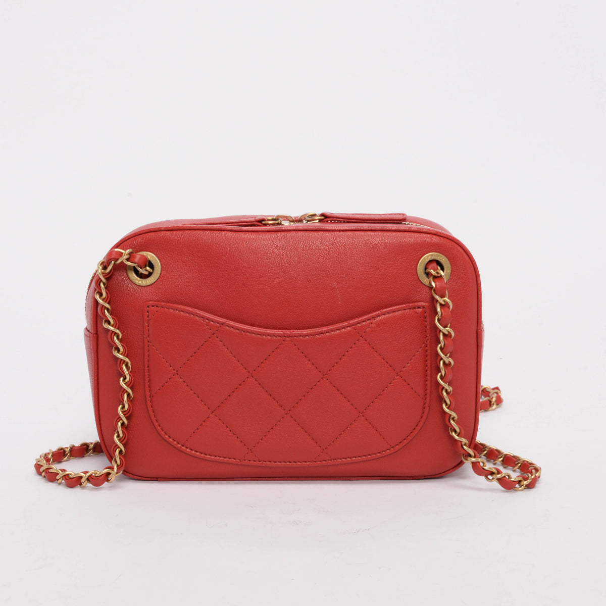 Chanel Red Quilted Lambskin Chain Infinity Camera Case Handbag