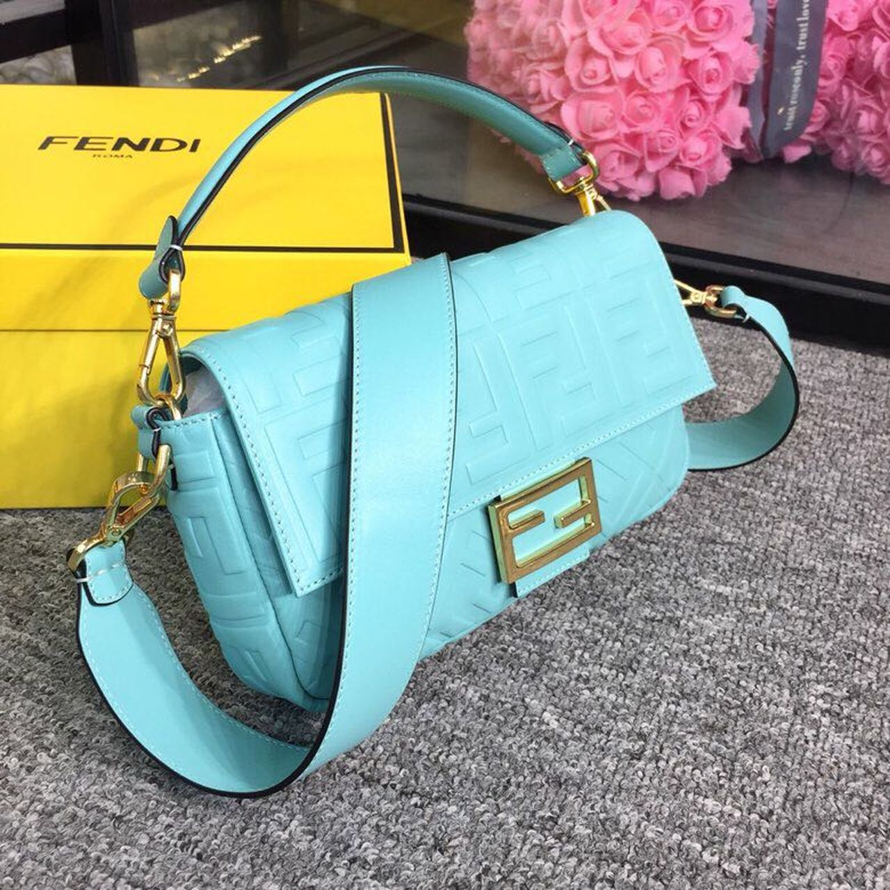 Fendi Top QualityTop Quality Baguette Nappa Blue FF Crossbody Bag