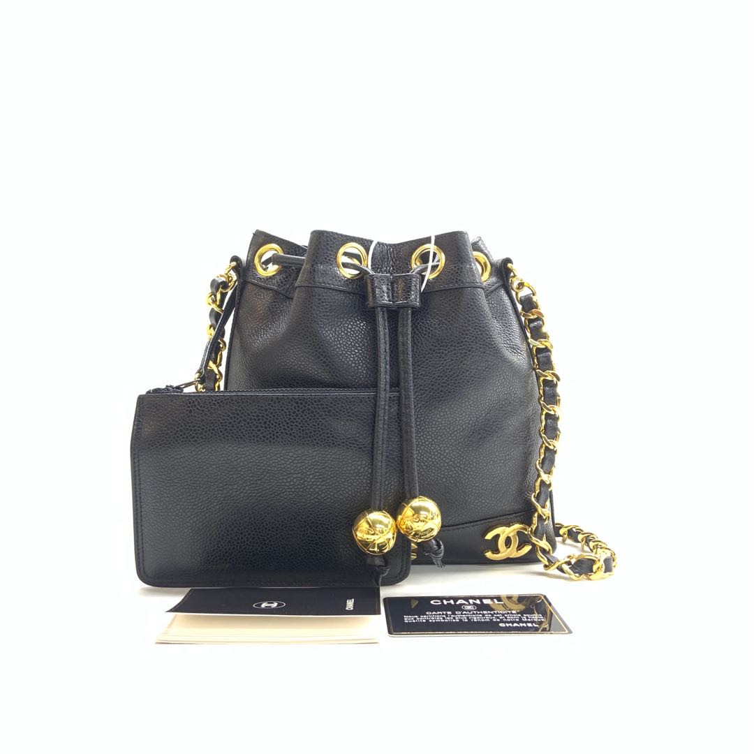Chanel Bucket Caviar Logo Black Gold Leather Bucket Bag