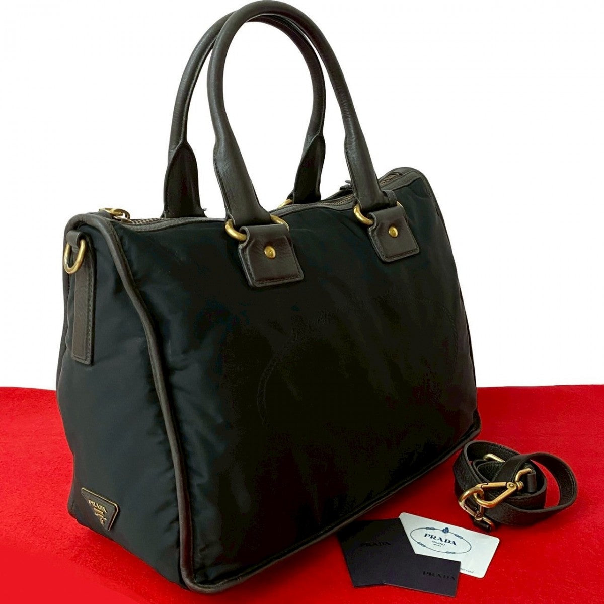 Shoulder Bag , Triangle Logo Metal Women Leather Nylon