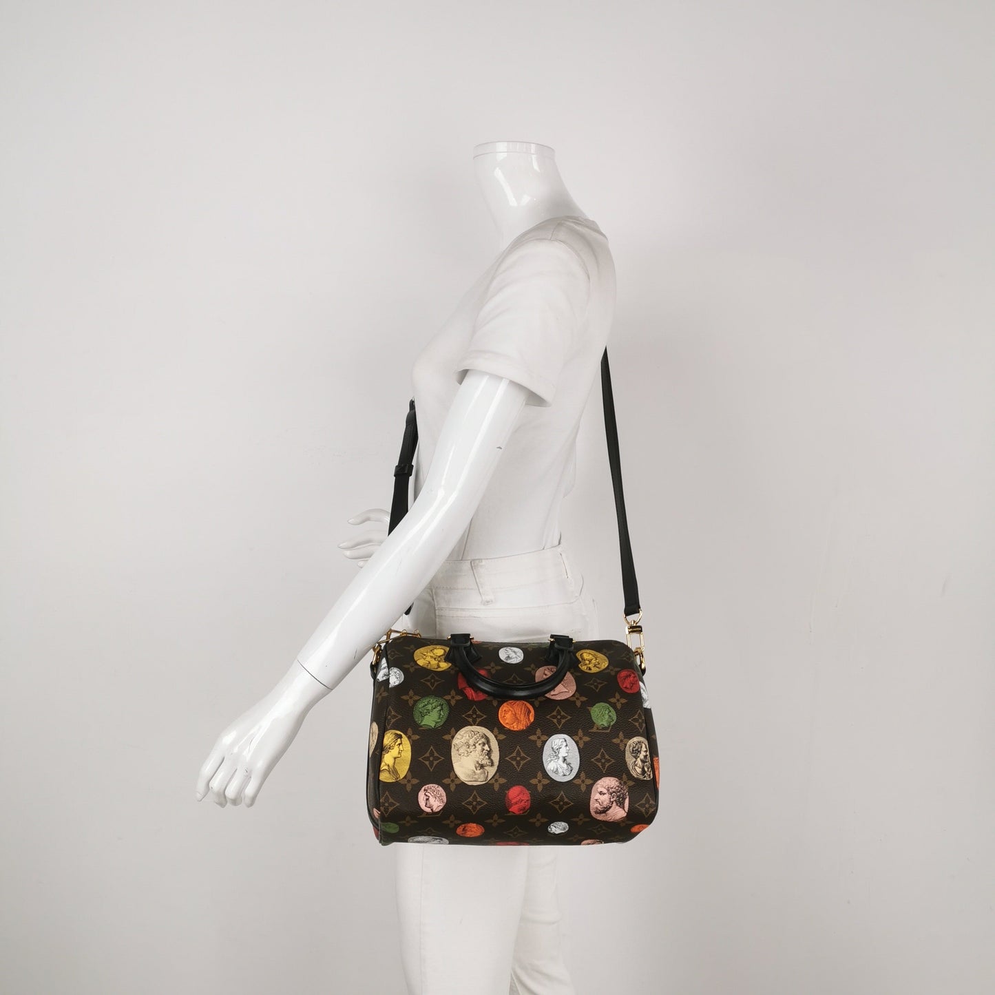 Louis Vuitton Speedy 25 Bandouliere Fornasetti Louvre Stamps Handbag