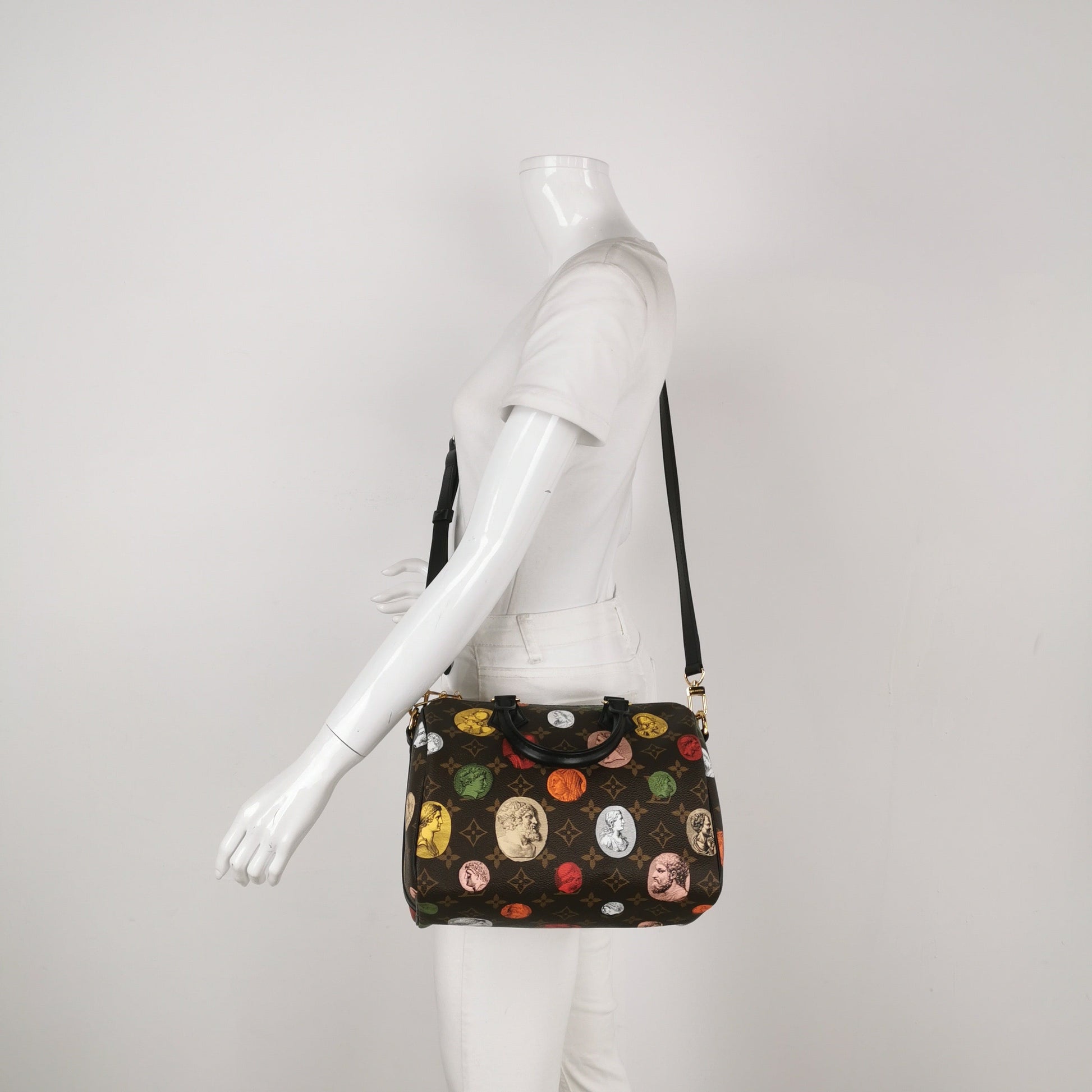 Louis Vuitton Speedy 25 Bandouliere Fornasetti Louvre Stamps Handbag